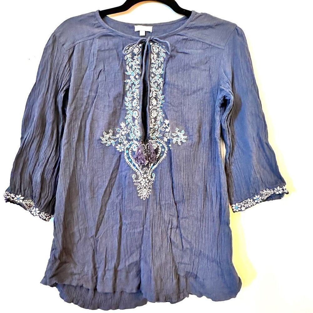 Star Mela Women's Embroidered Blouse Quarter Sleeve Tie Neckline Blue Medium Tun